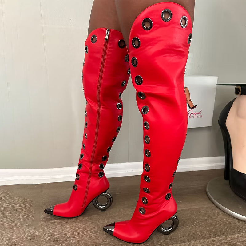 Pointed Toe Hollowed Out Thigh High Boots