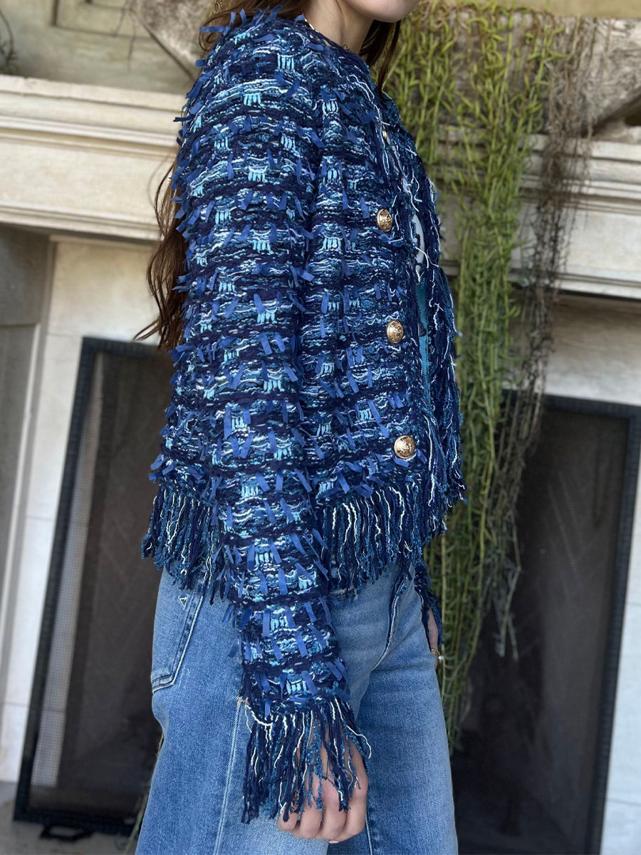 Open Front Tweed Pattern Fringe Jacket