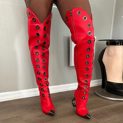Pointed Toe Hollowed Out Thigh High Boots