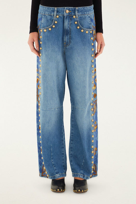 Jeans with studs and floral print