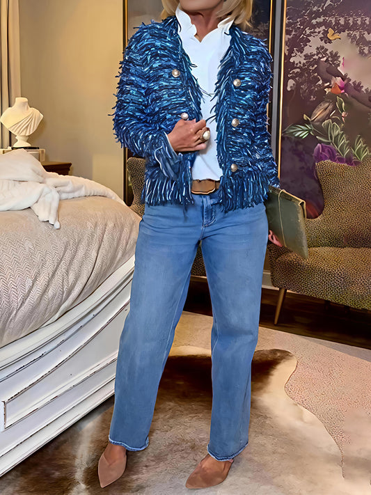 Open Front Tweed Pattern Fringe Jacket