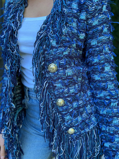 Open Front Tweed Pattern Fringe Jacket